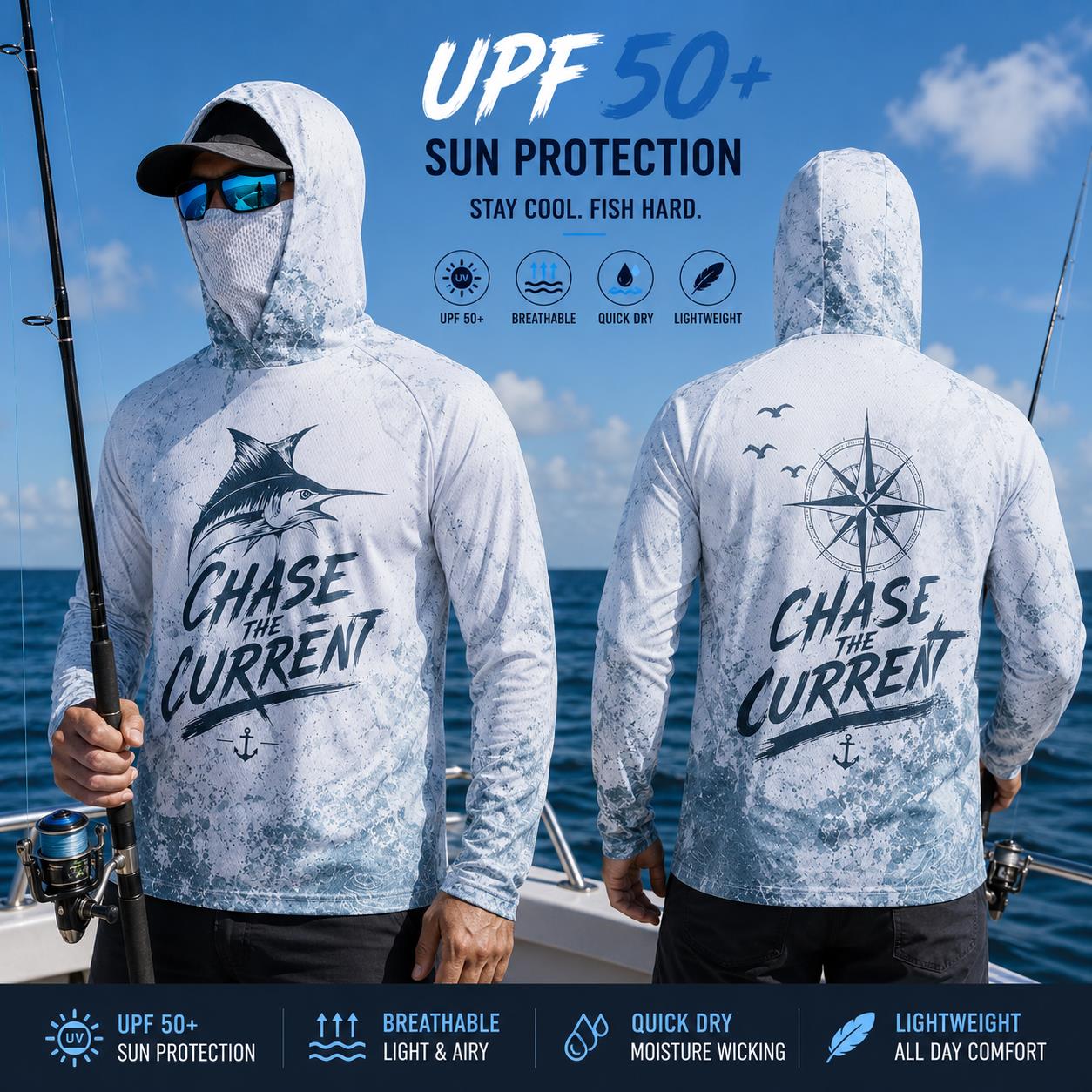 Fishing Mask Sun Protection - เสื้อฮู้ดดี้ตกปลาผู้ชาย แขนยาว ป้องกันใบหน้า แห้งเร็ว เสื้อกันแดด เสื้อเจอร์ซีย์ตกปลา