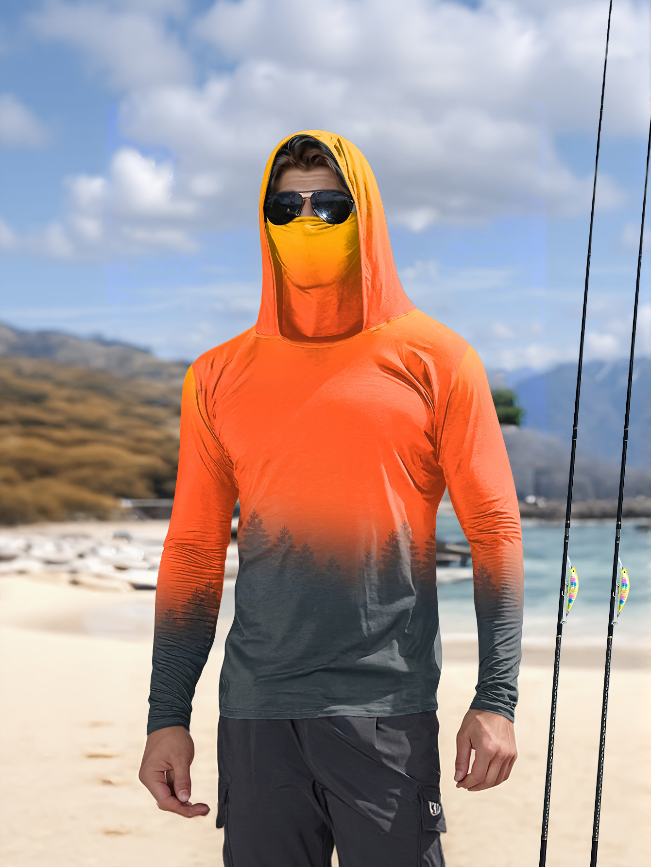 Fishing Hoodie - เสื้อฮู้ดกันแดดลายป่าไล่เฉดสีสำหรับผู้ชาย พร้อมหน้ากากปิดหน้า แห้งเร็ว แขนยาว เหมาะสำหรับกิจกรรมกลางแจ้ง ตกปลา