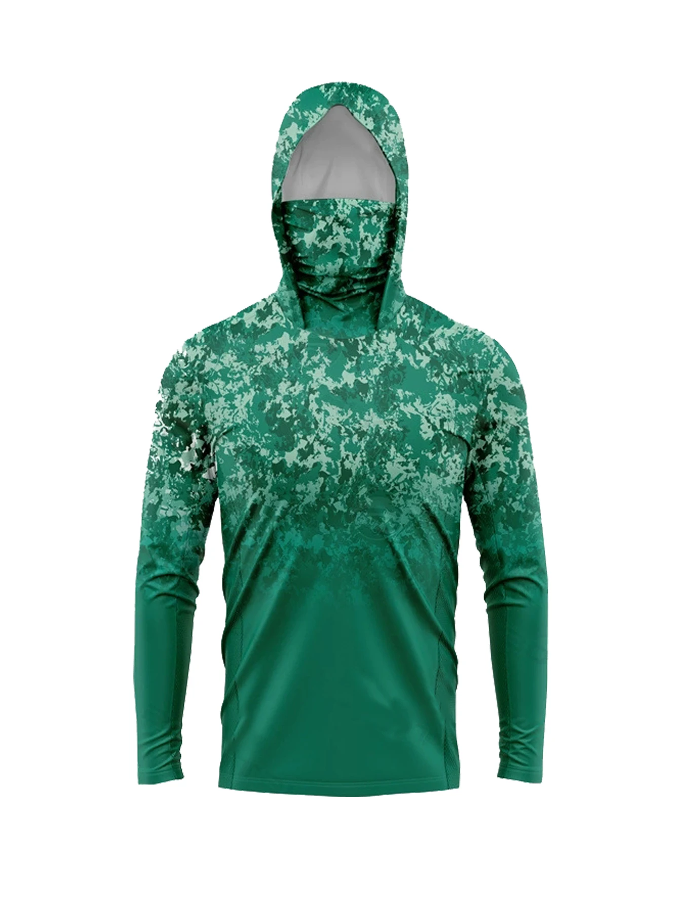 Fishing Mask Sun Protection - เสื้อฮู้ดดี้กันแดดสำหรับผู้ชาย UPF50+ พร้อมหน้ากากปิดหน้า ลายพรางดิจิตอลสีเขียว แห้งเร็ว ป้องกันรังสียูวี